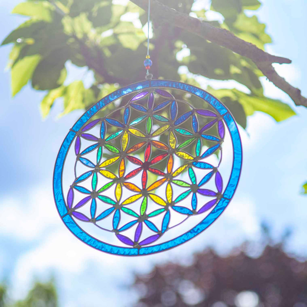 Round Flower of Life suncatcher with an overlapping-circle pattern in full rainbow resin, bordered by a deep blue ring