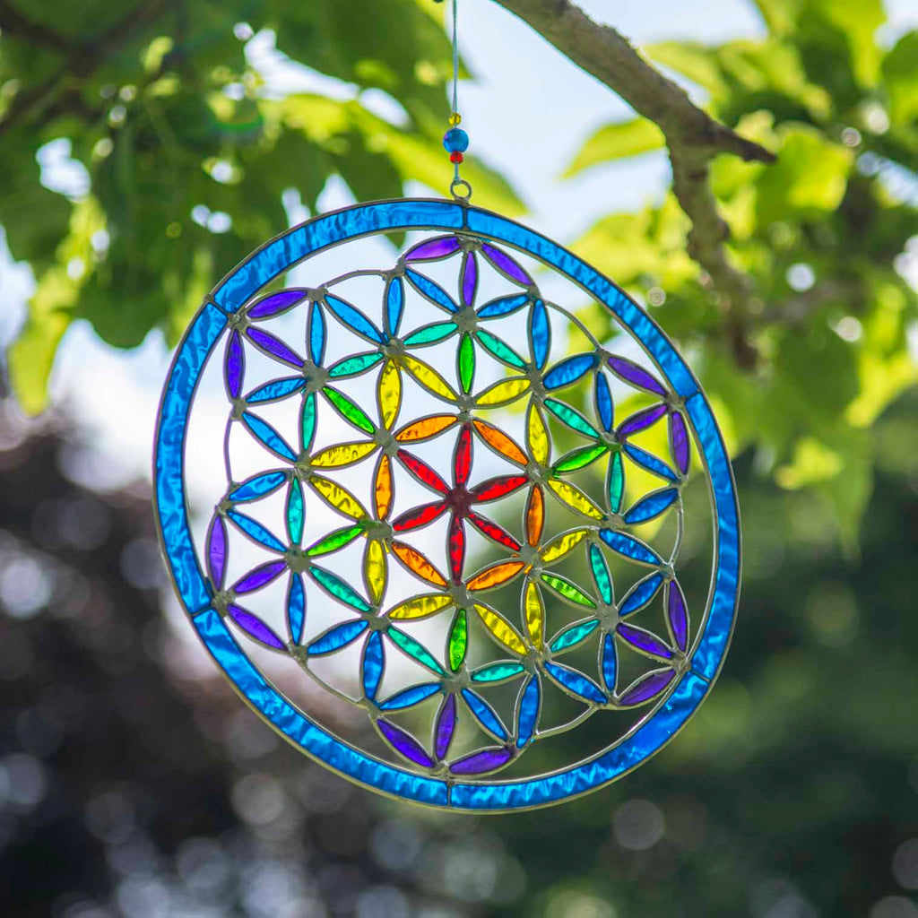 Round Flower of Life suncatcher with an overlapping-circle pattern in full rainbow resin, bordered by a deep blue ring