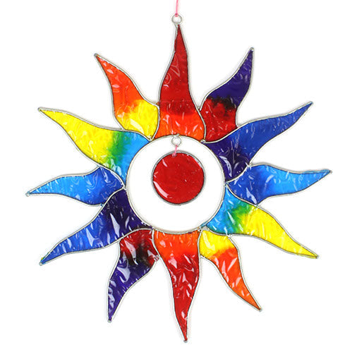 Sun-shaped suncatcher with twelve tapered rays in red, blue, yellow, green, orange and purple resin around a white centre, in a soldered metal frame