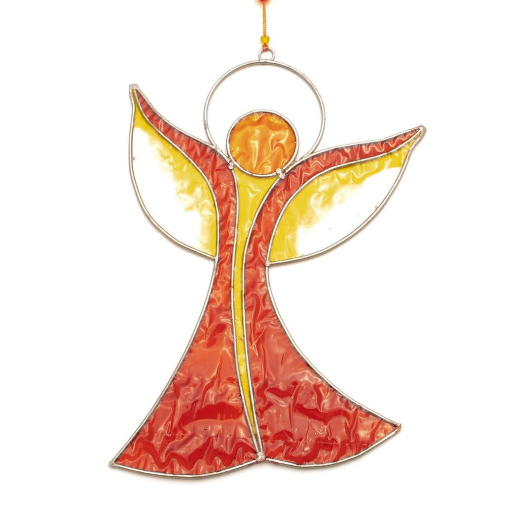 Angel-shaped suncatcher in warm red and amber resin with outstretched wings rising to a halo, in a soldered metal frame