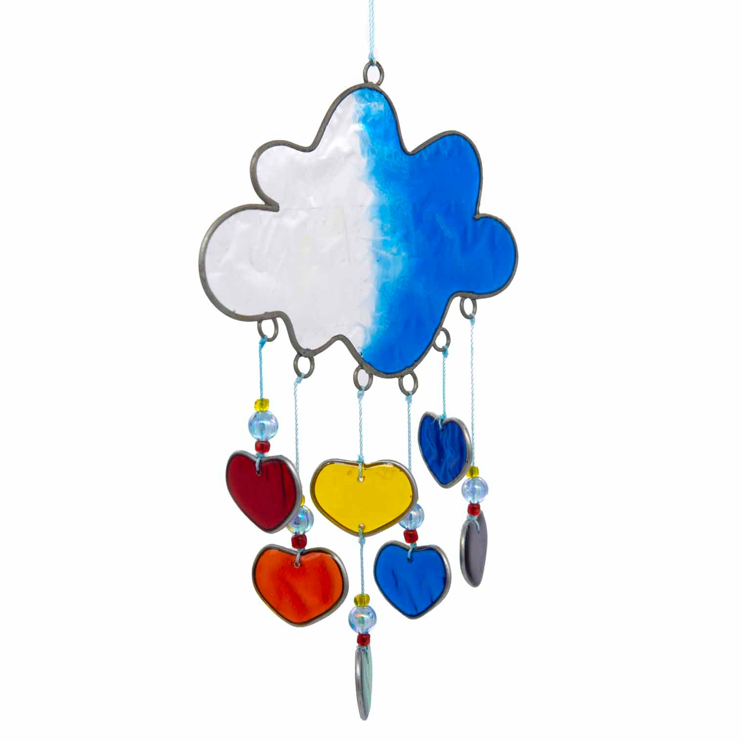 Blue resin cloud suncatcher with six threads of rainbow hearts dangling beneath in jewel tones of red, orange, yellow, green, blue and purple