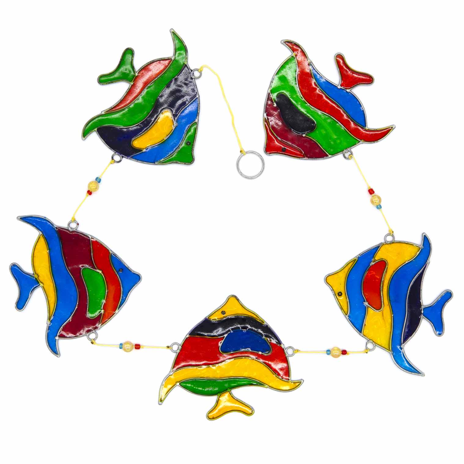Vertical string of three angel fish suncatchers in bright turquoise, cobalt, lime and ruby, in soldered metal frames