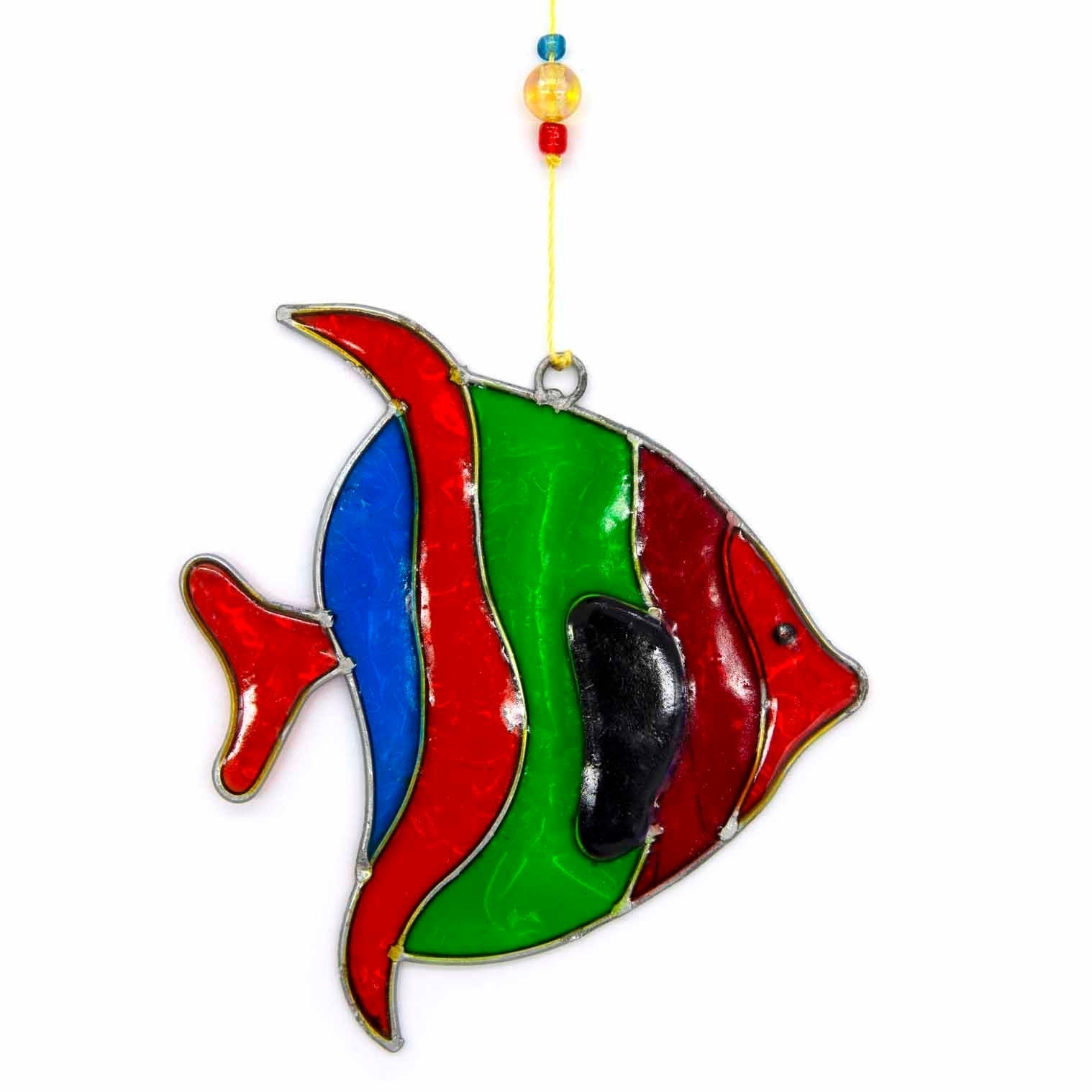 Vertical string of three angel fish suncatchers in bright turquoise, cobalt, lime and ruby, in soldered metal frames