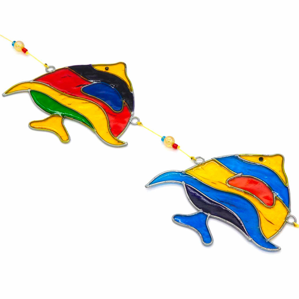 Vertical string of three angel fish suncatchers in bright turquoise, cobalt, lime and ruby, in soldered metal frames