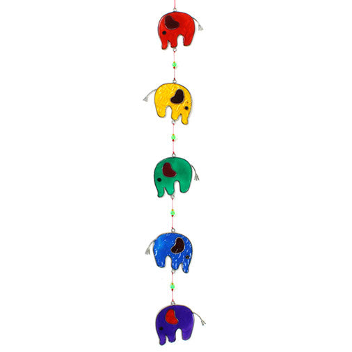 Vertical string of five jewel-tone elephant suncatchers in red, yellow, green, blue and purple, in soldered metal frames