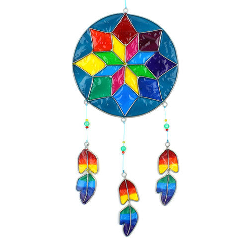 Round dreamcatcher-style suncatcher with a geometric resin web in blue, green, ruby and amber, with three rainbow feather pieces dangling beneath