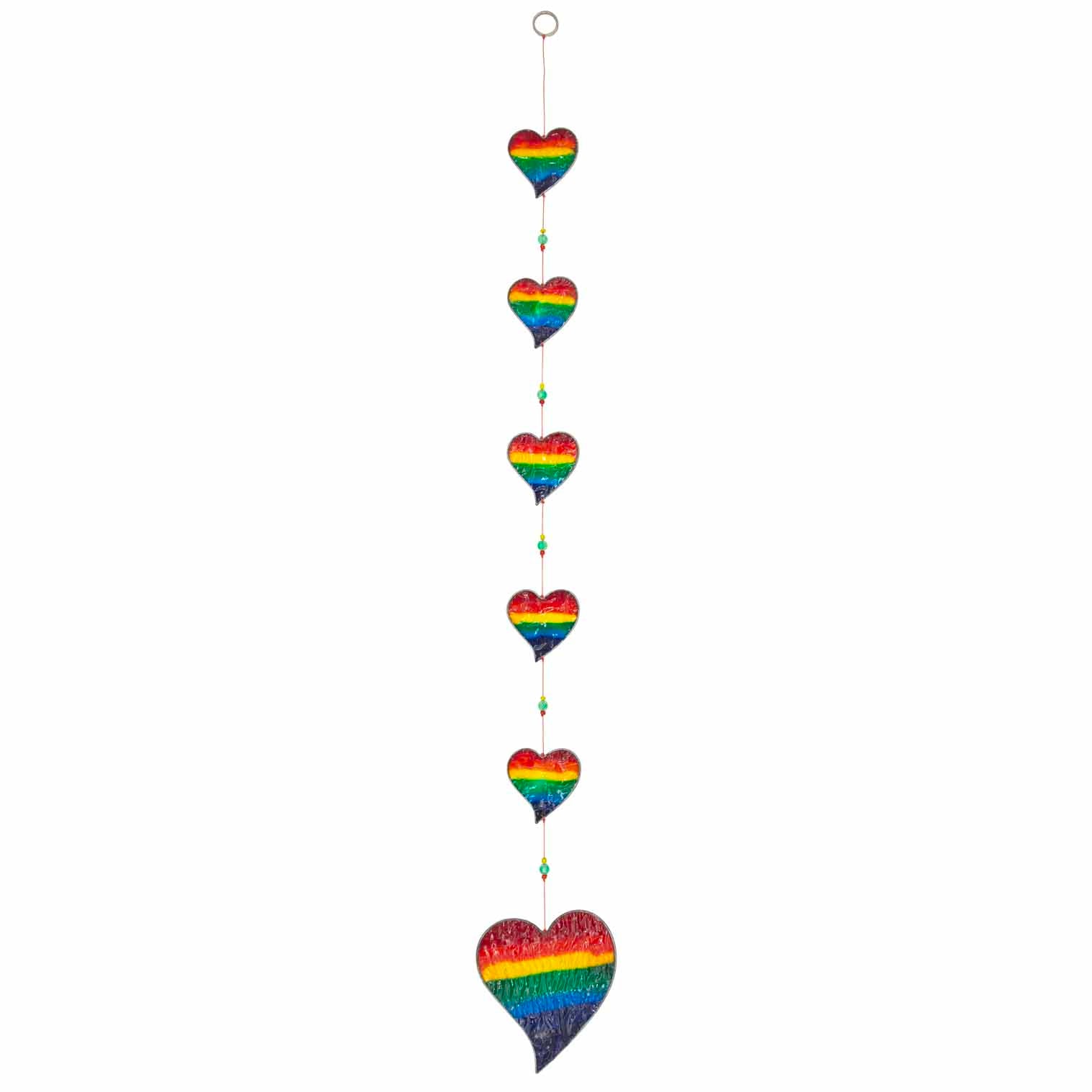 Vertical string of six rainbow-striped heart suncatchers in stained-glass effect resin, each with a small arrow detail at the top