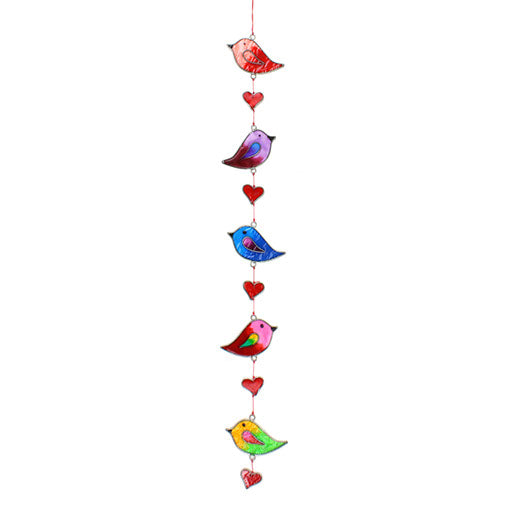 Vertical string of five jewel-tone bird suncatchers in red, pink, green, purple and blue, with small red hearts strung between them