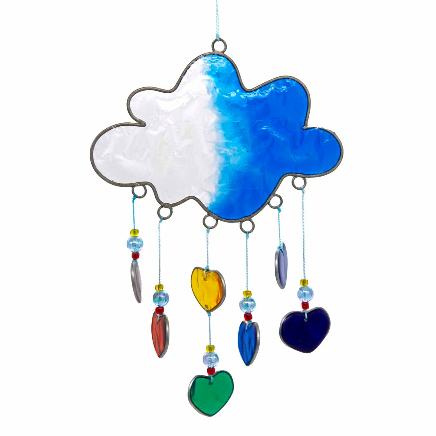 Blue resin cloud suncatcher with six threads of rainbow hearts dangling beneath in jewel tones of red, orange, yellow, green, blue and purple