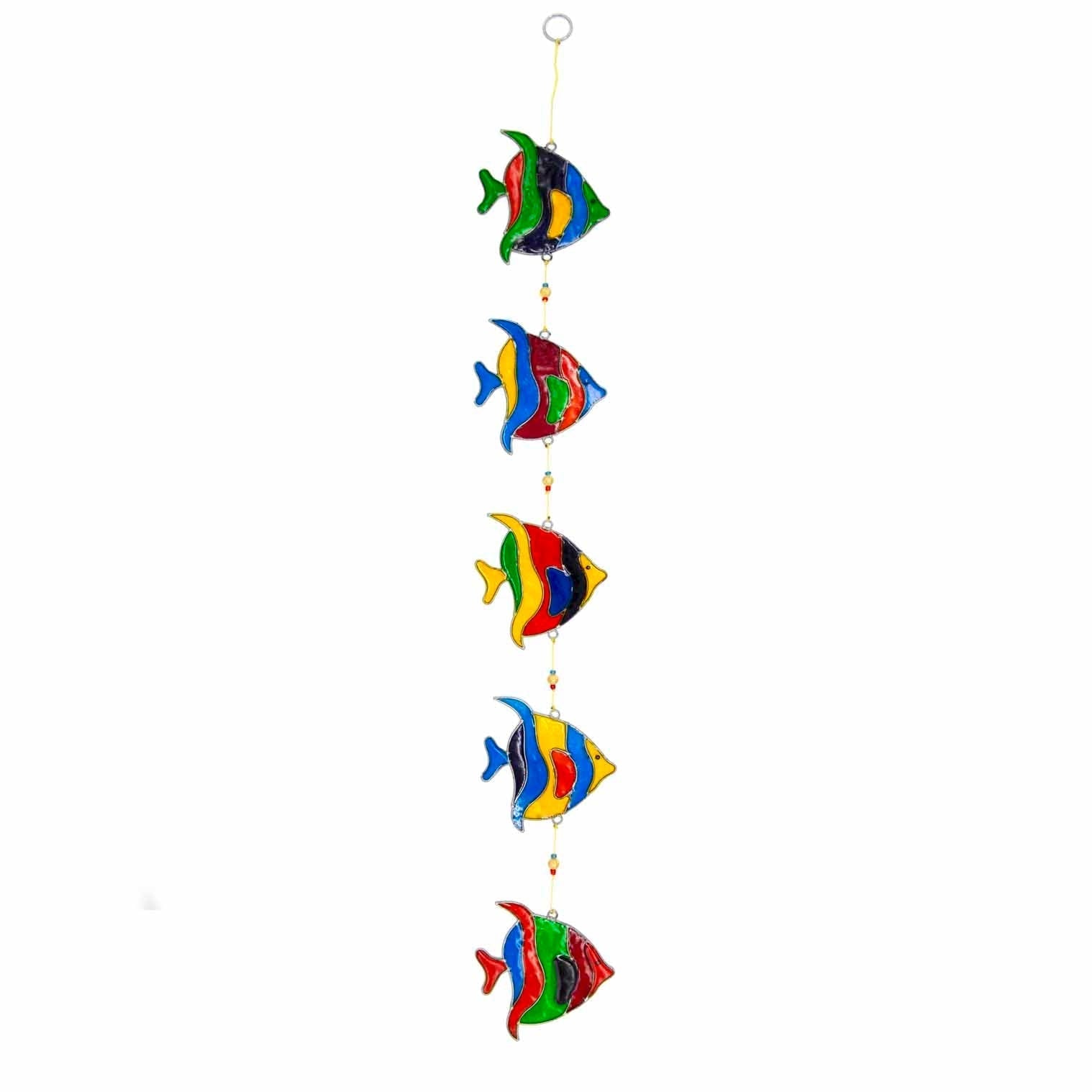 Vertical string of three angel fish suncatchers in bright turquoise, cobalt, lime and ruby, in soldered metal frames