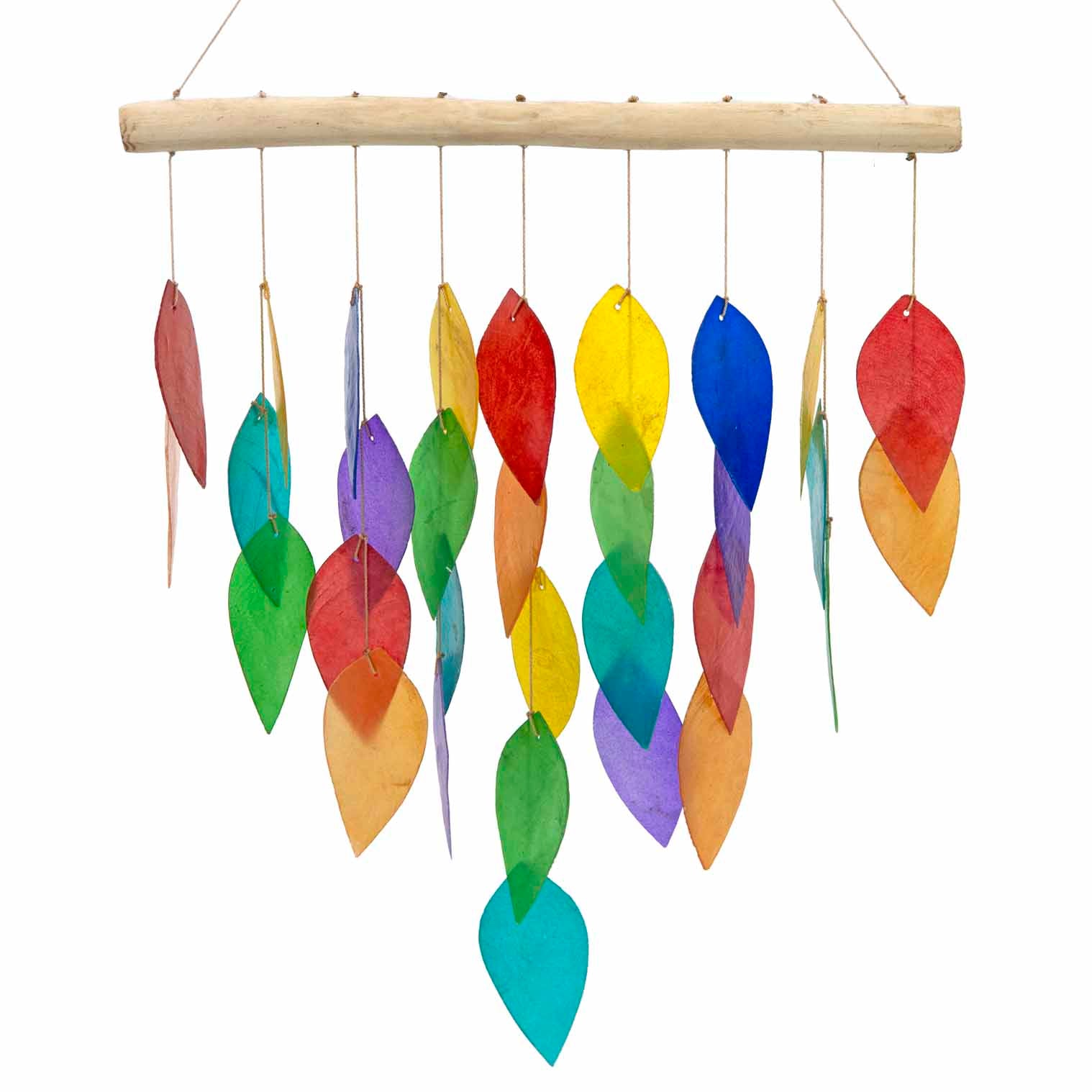 Hanging windchime of rainbow-coloured shell leaves strung from a length of bamboo