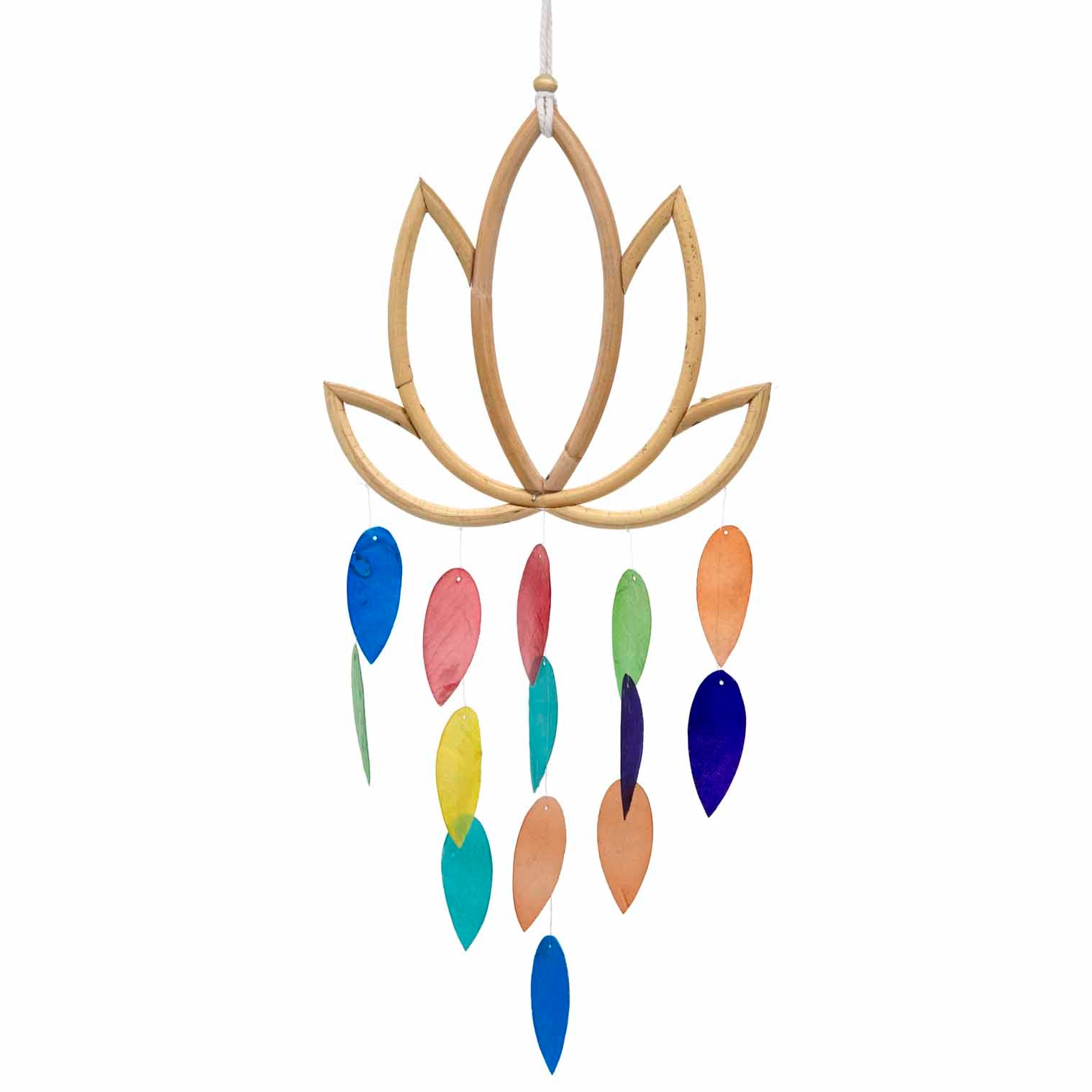 Hanging decoration with jewel-tone shell leaves dangling beneath a carved bamboo lotus flower