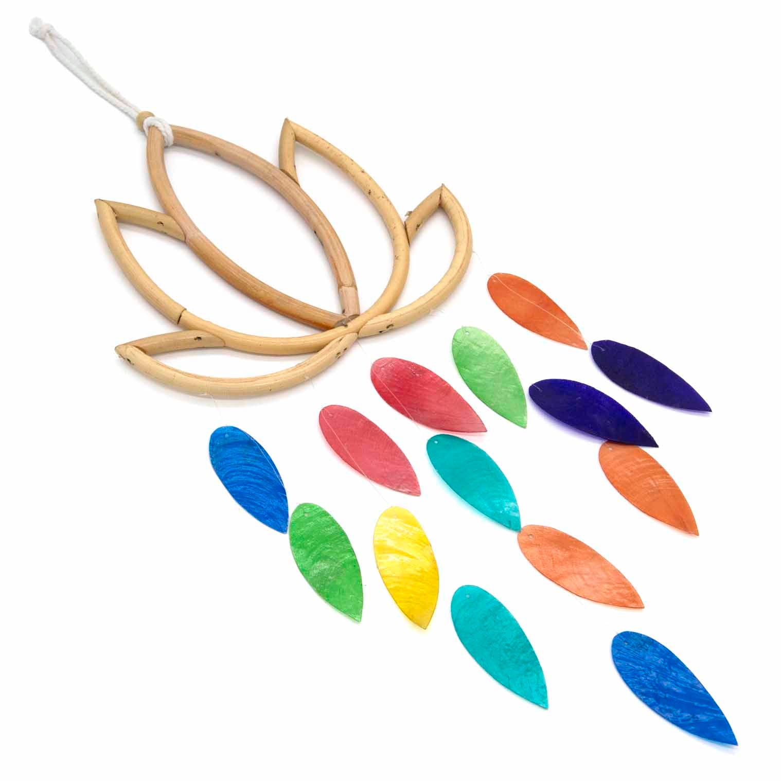 Hanging decoration with jewel-tone shell leaves dangling beneath a carved bamboo lotus flower