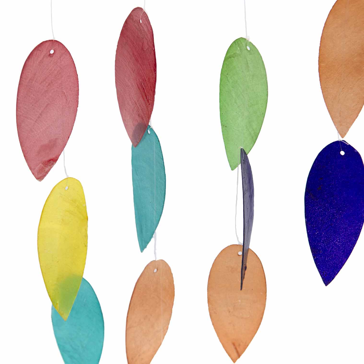 Hanging decoration with jewel-tone shell leaves dangling beneath a carved bamboo lotus flower