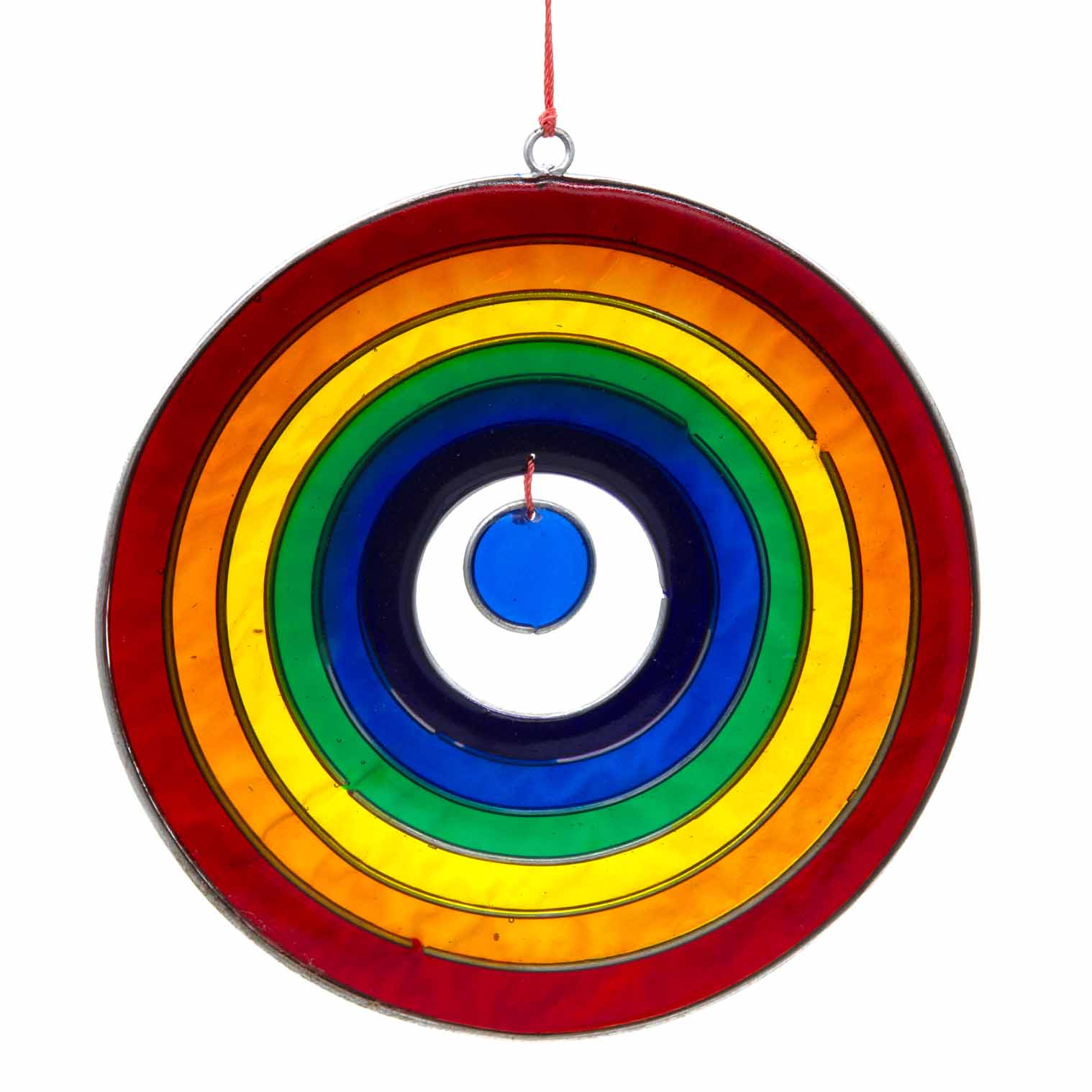 Round suncatcher with concentric rings of rainbow colour radiating from a deep blue centre, in a soldered metal frame