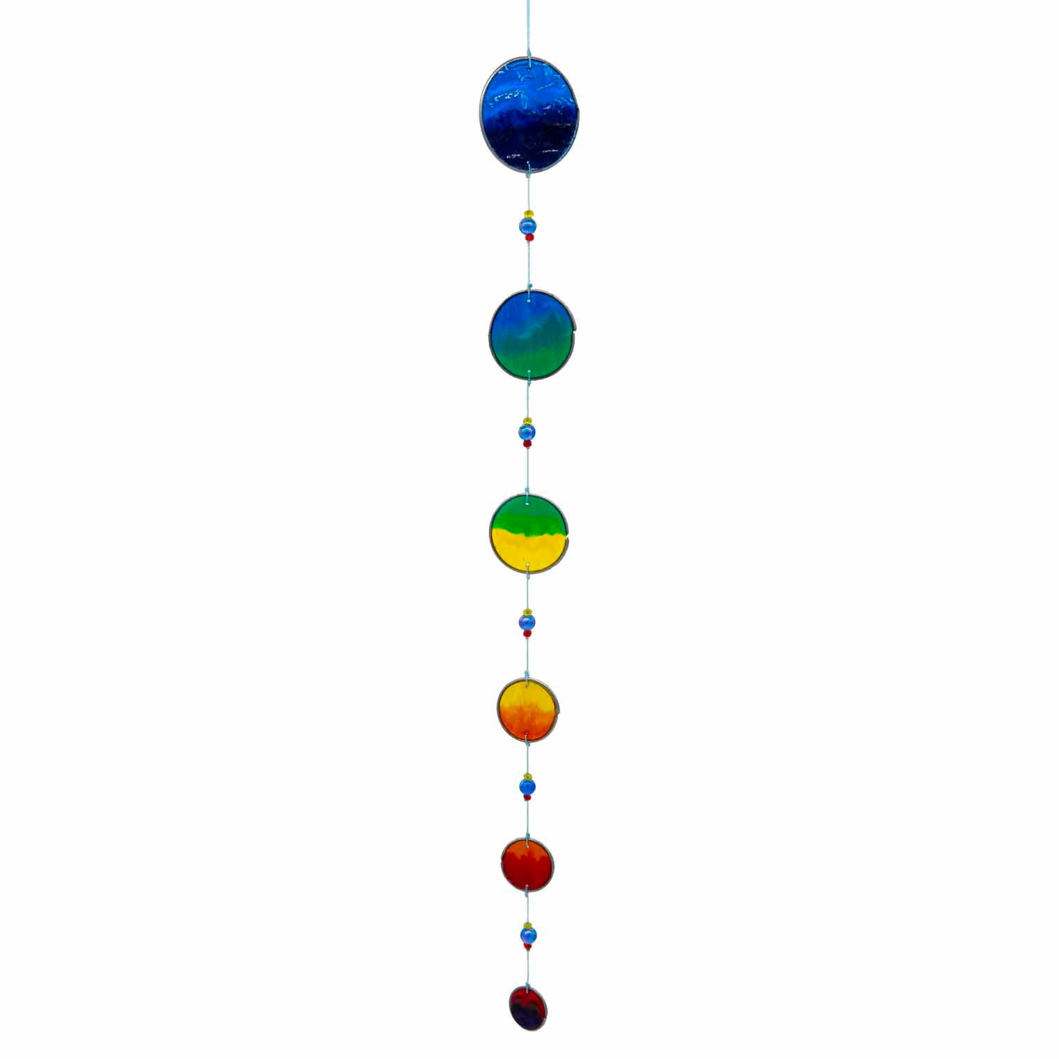 Vertical cascade of six resin discs swirled from deep blue through teal and green to warm orange, with bright glass beads between them