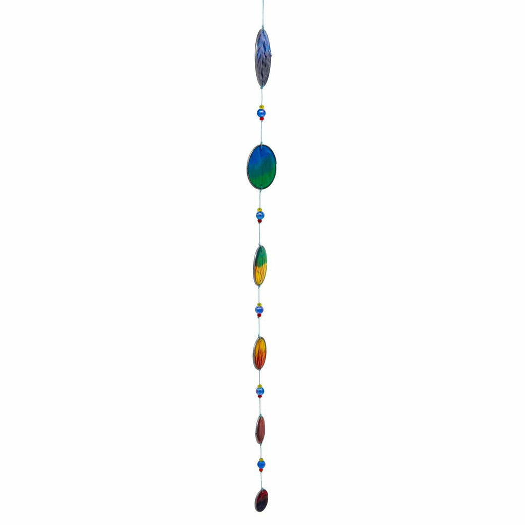 Vertical cascade of six resin discs swirled from deep blue through teal and green to warm orange, with bright glass beads between them