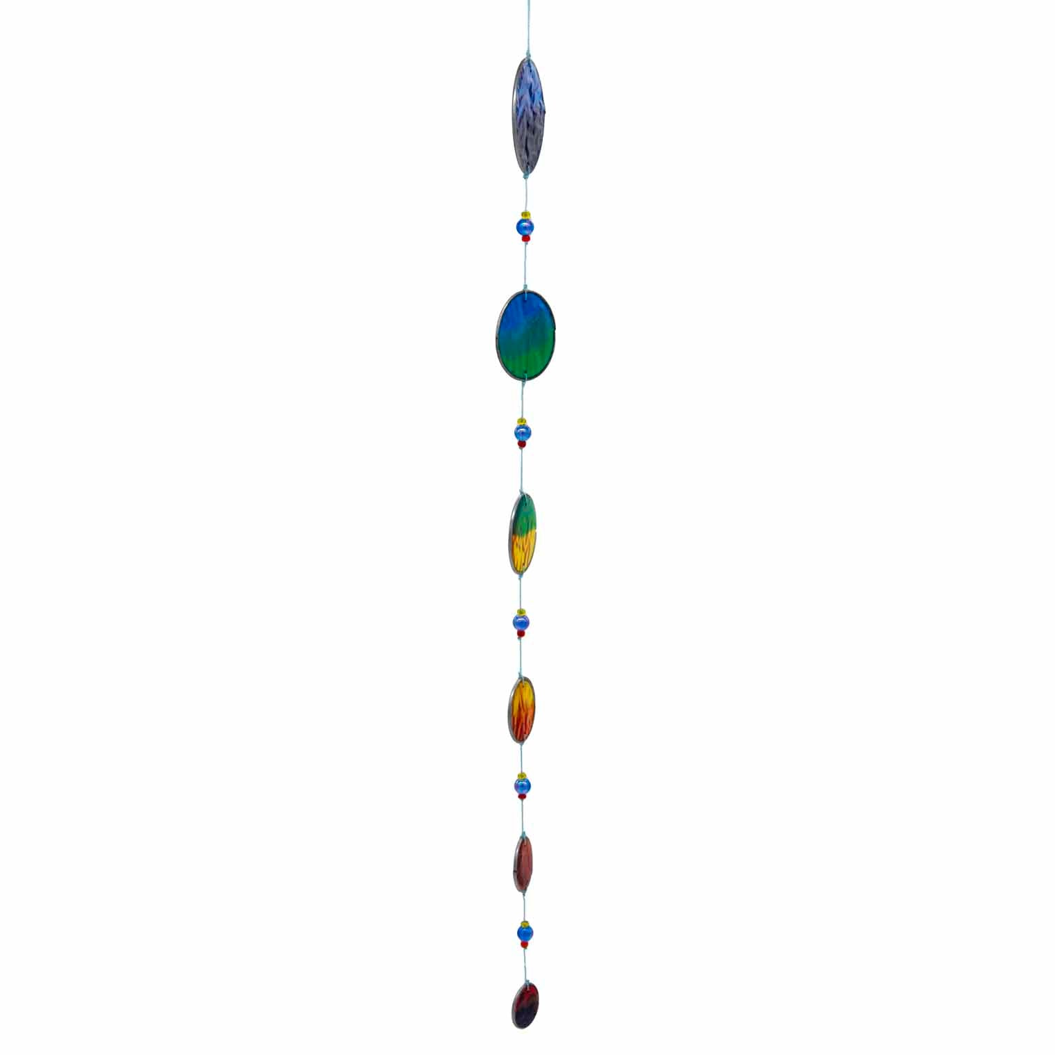 Vertical cascade of six resin discs swirled from deep blue through teal and green to warm orange, with bright glass beads between them