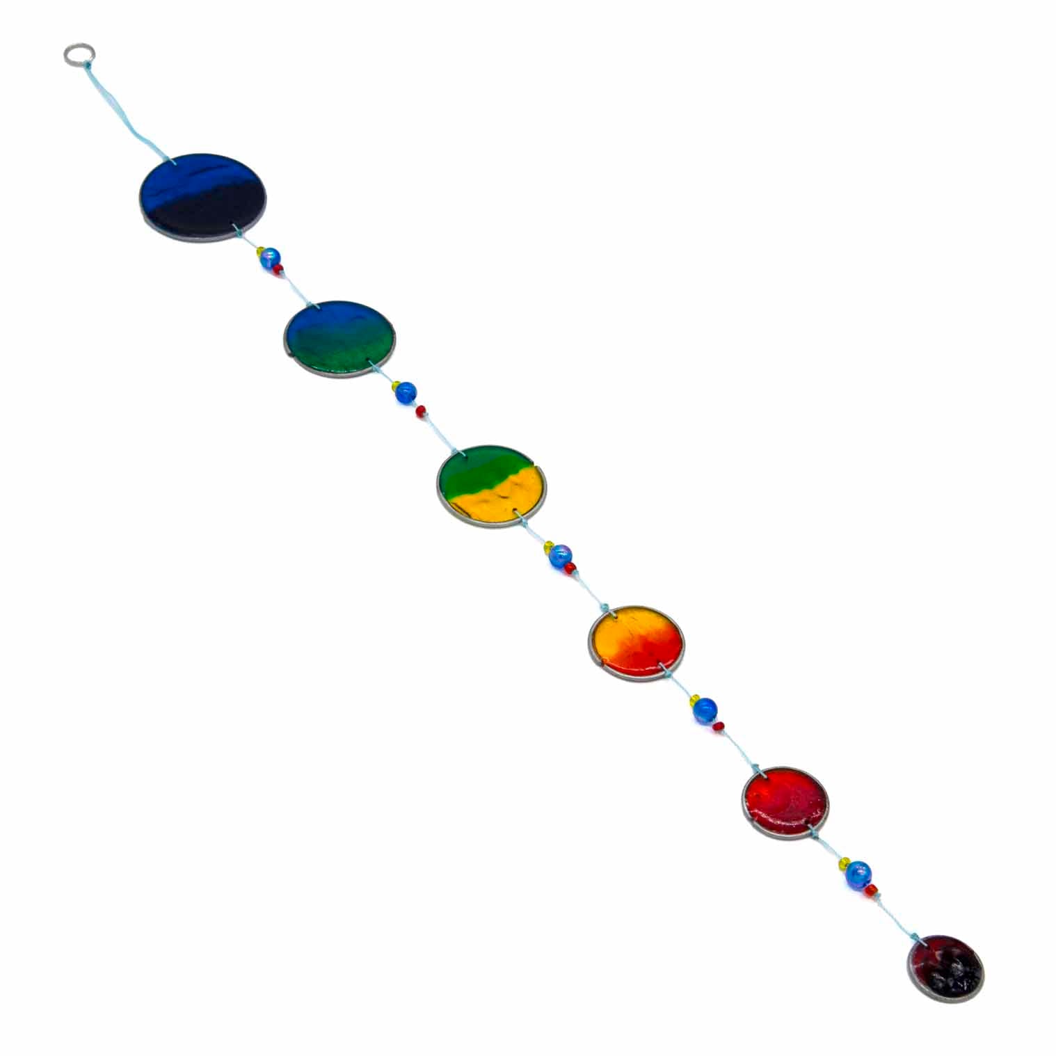 Vertical cascade of six resin discs swirled from deep blue through teal and green to warm orange, with bright glass beads between them