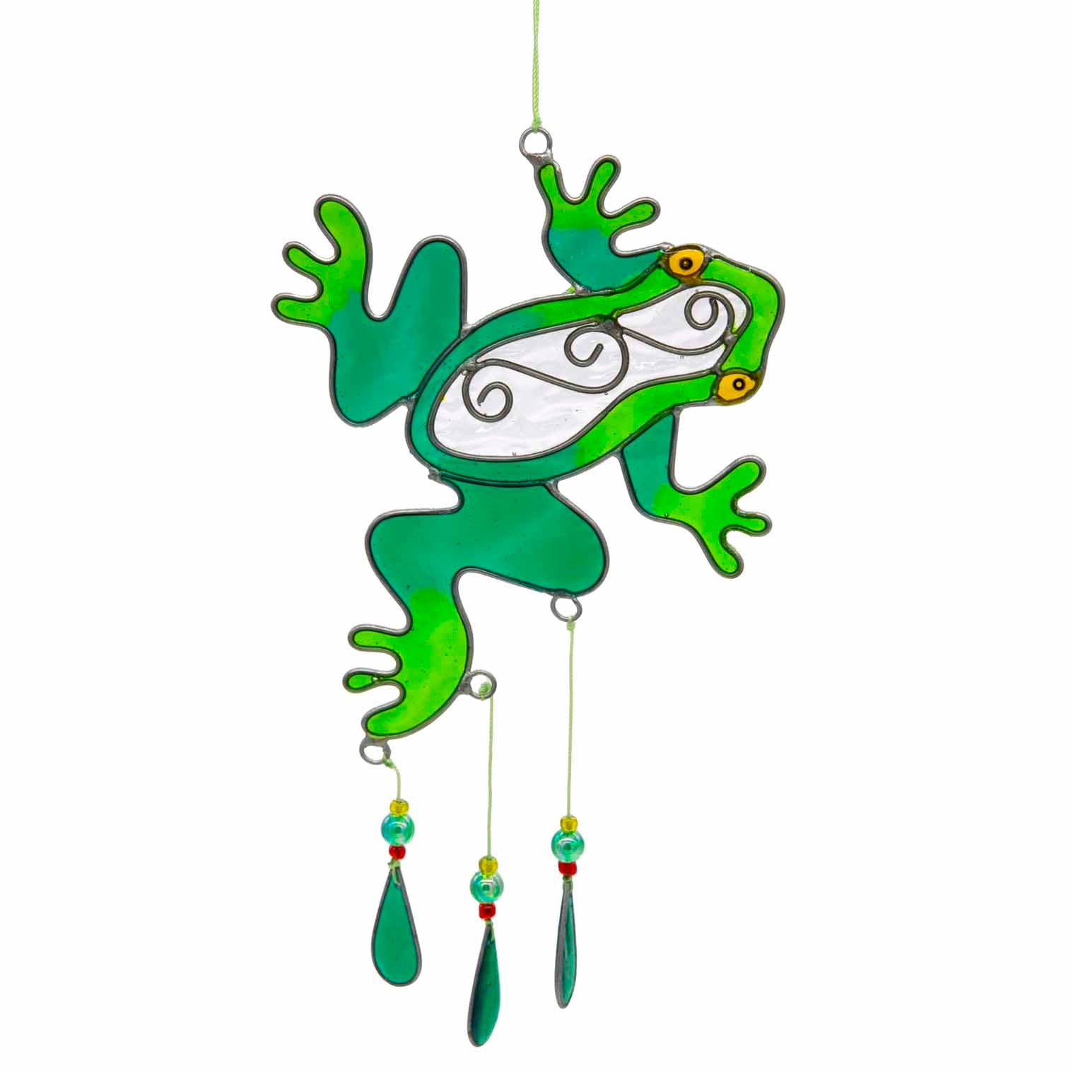 Cheerful green frog suncatcher in translucent panels with a painted face and dangling teardrop beads beneath