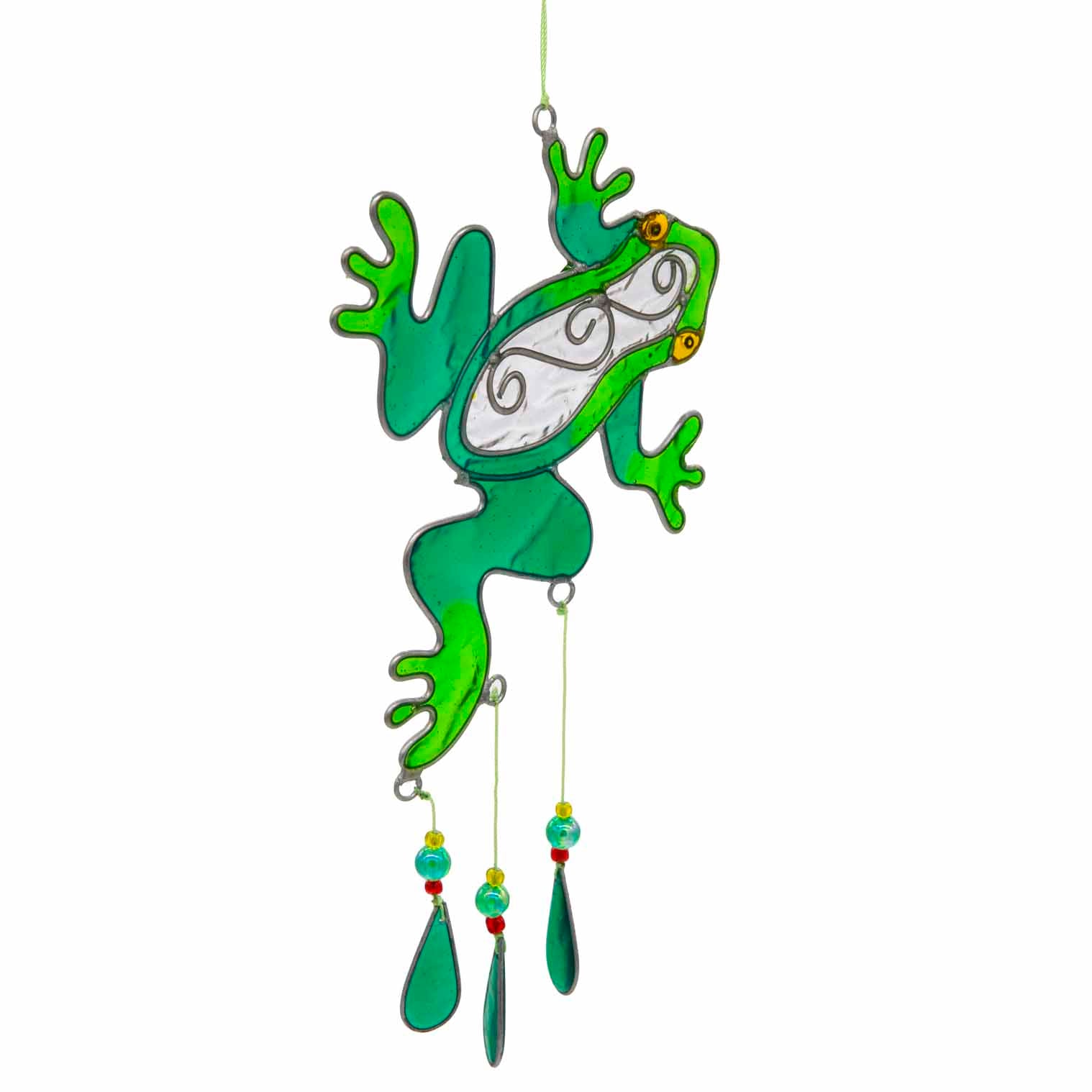 Cheerful green frog suncatcher in translucent panels with a painted face and dangling teardrop beads beneath