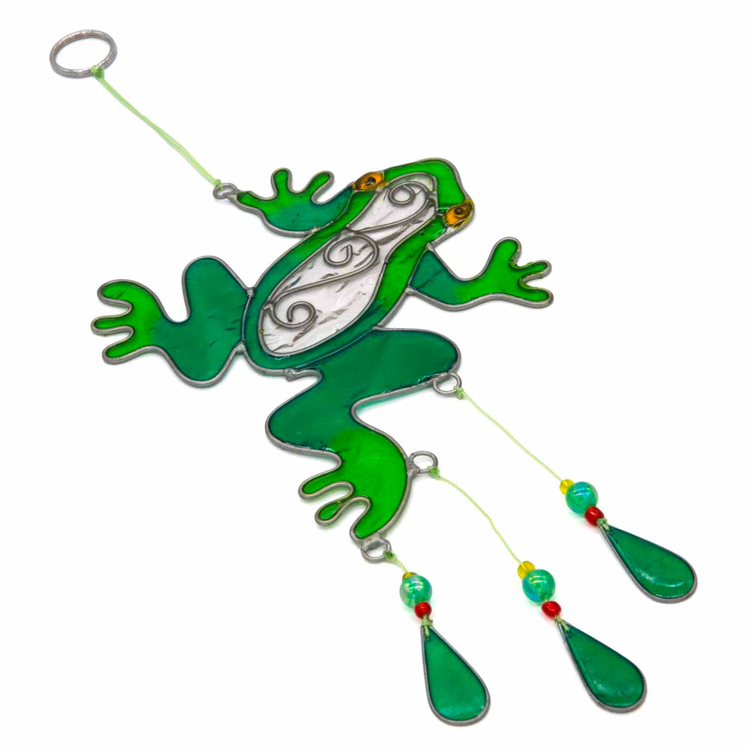 Cheerful green frog suncatcher in translucent panels with a painted face and dangling teardrop beads beneath