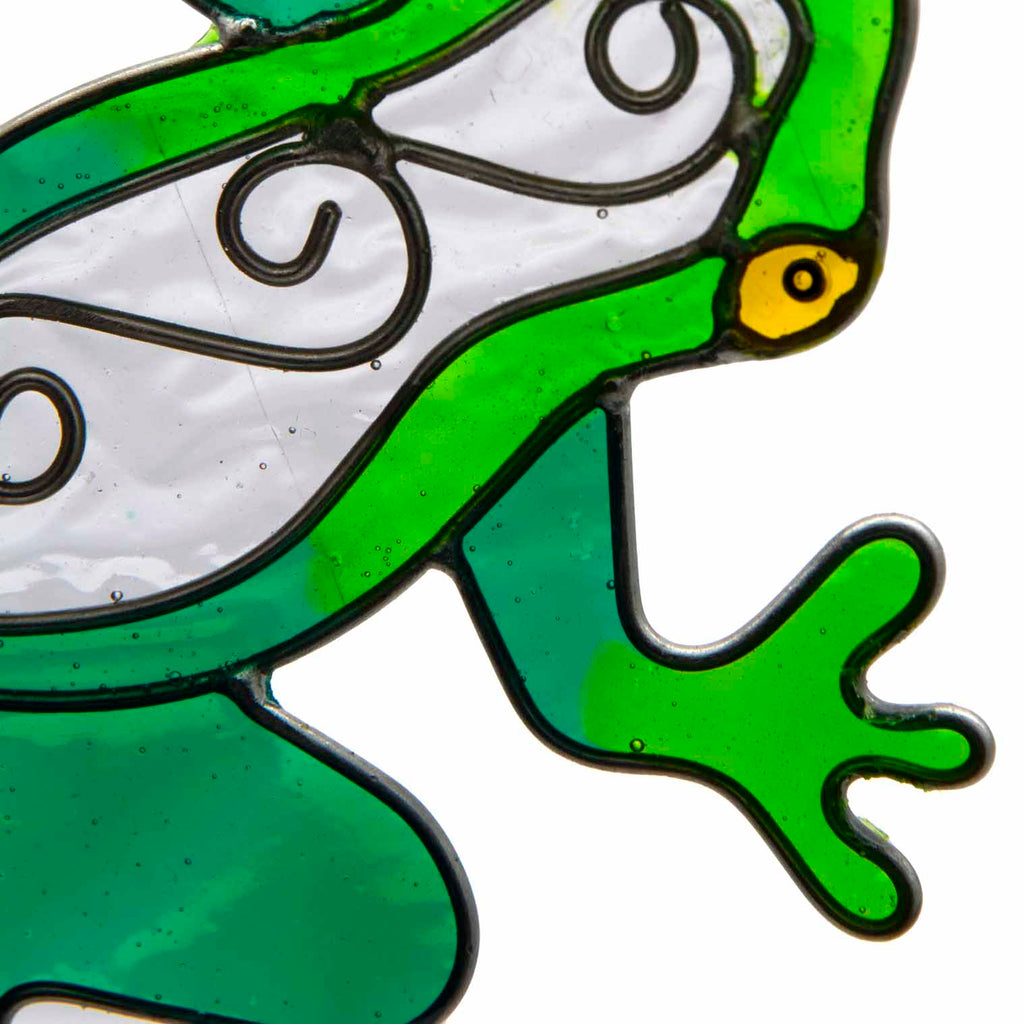 Cheerful green frog suncatcher in translucent panels with a painted face and dangling teardrop beads beneath