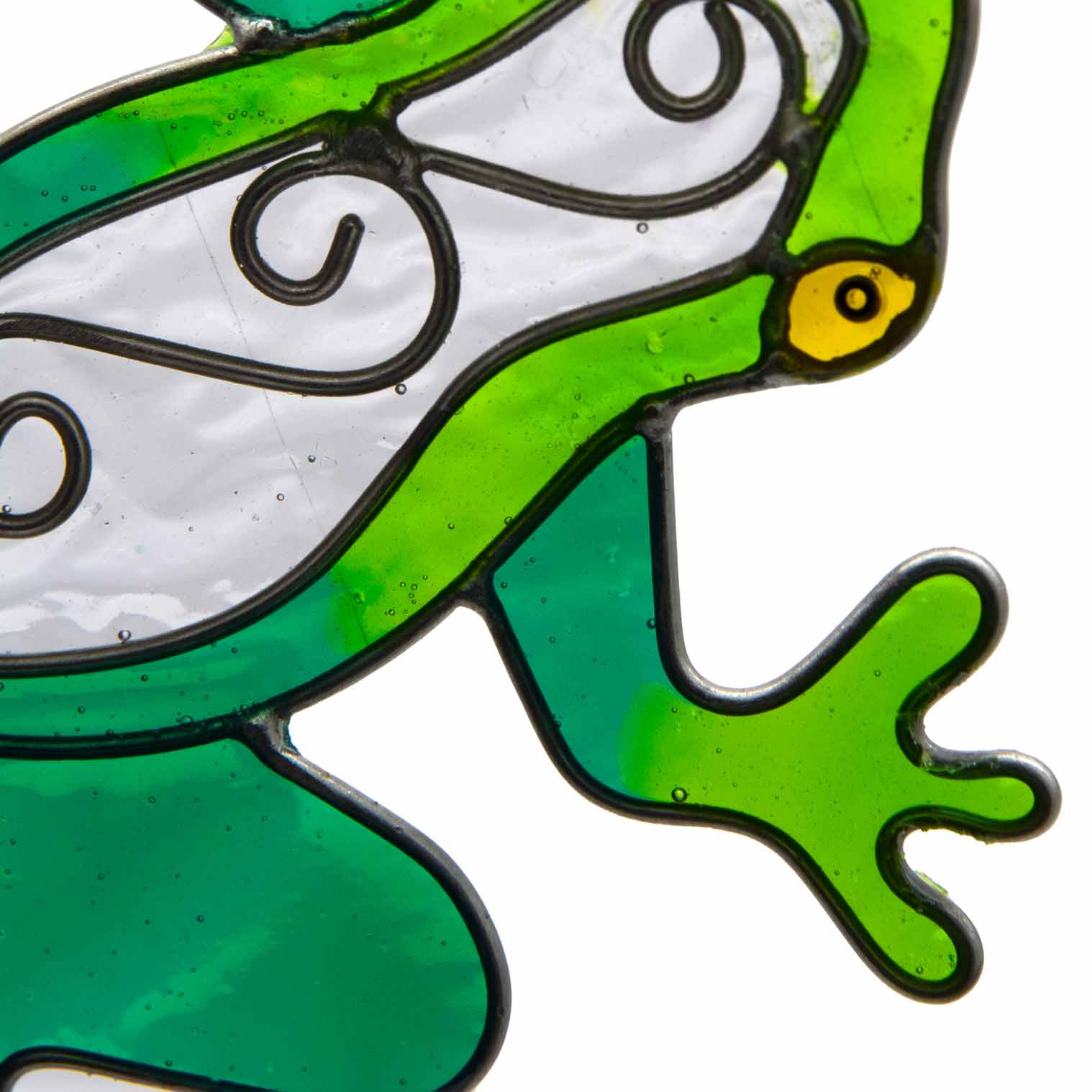 Cheerful green frog suncatcher in translucent panels with a painted face and dangling teardrop beads beneath