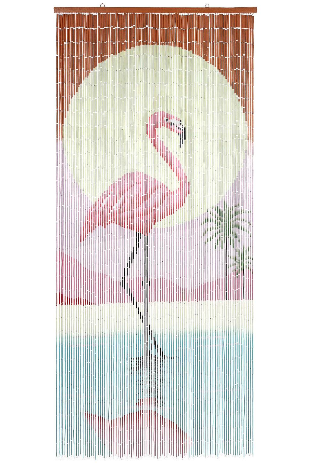 Hand-painted bamboo bead curtain with a bold pink flamingo design, hanging in a doorway
