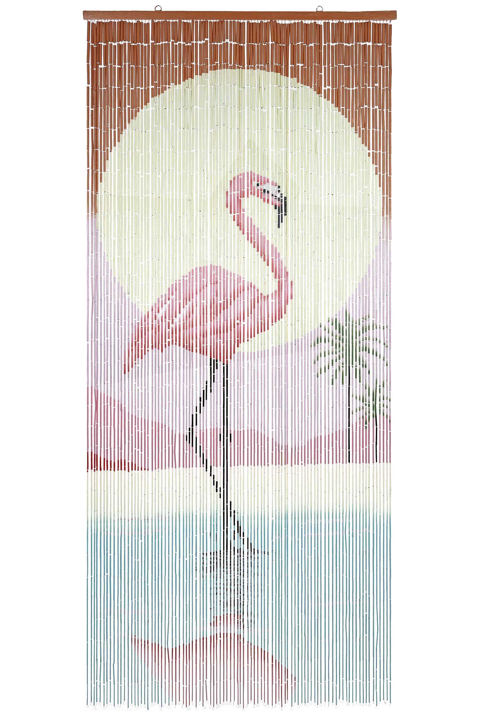 Hand-painted bamboo bead curtain with a bold pink flamingo design, hanging in a doorway