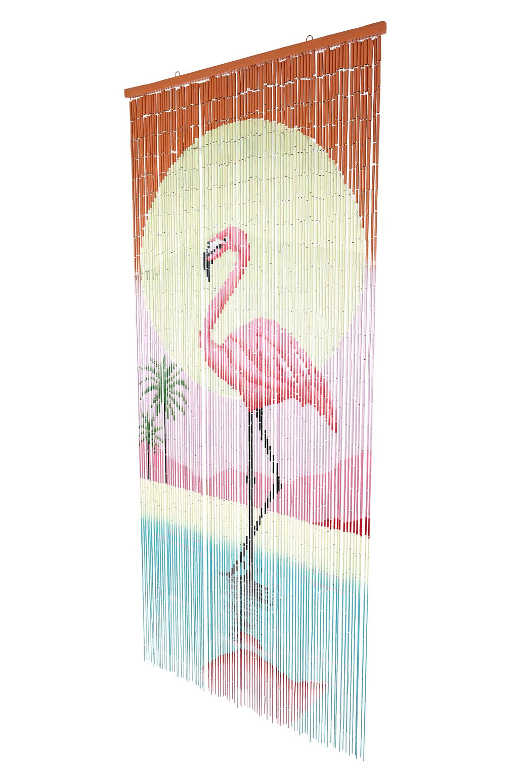Hand-painted bamboo bead curtain with a bold pink flamingo design, hanging in a doorway