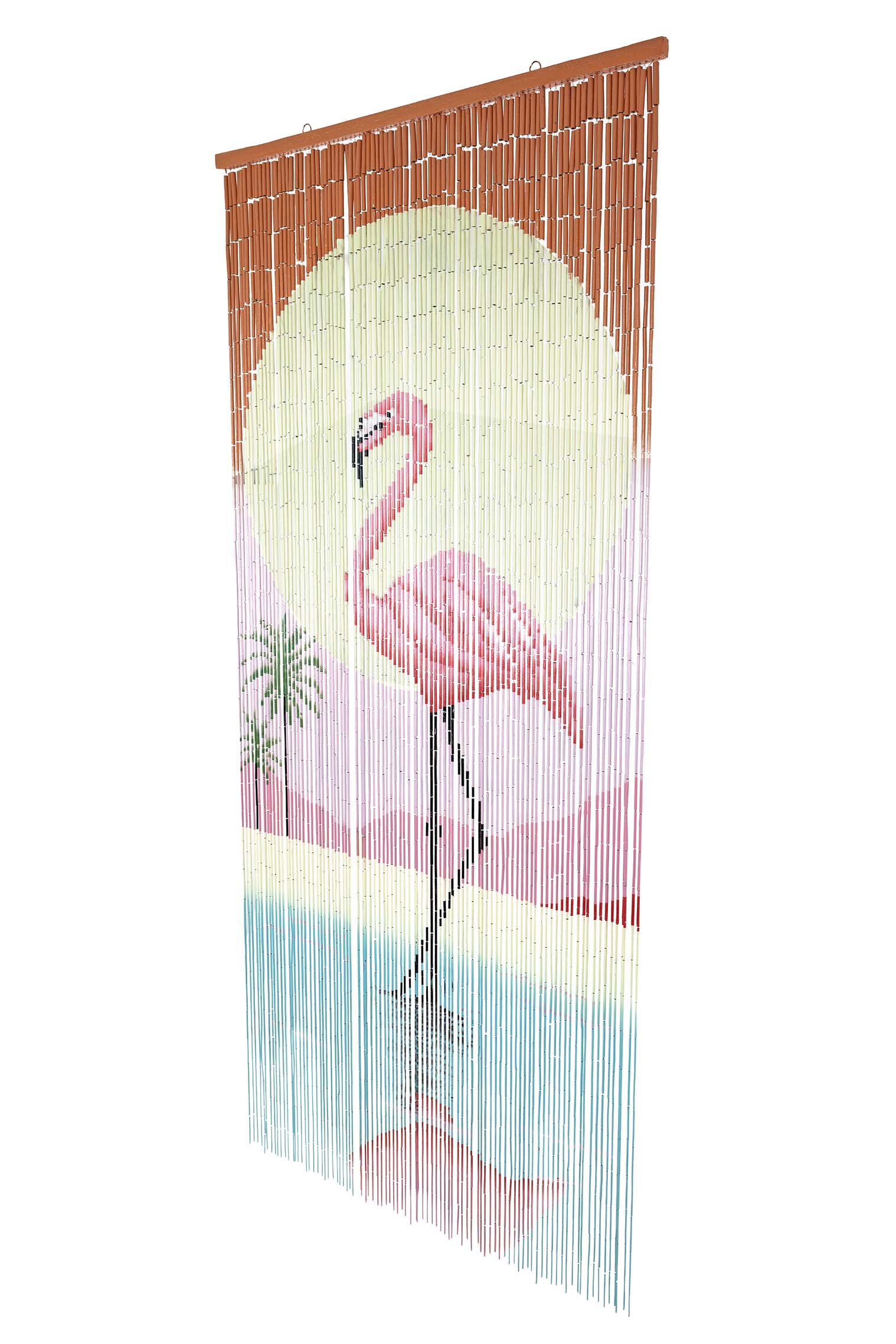Hand-painted bamboo bead curtain with a bold pink flamingo design, hanging in a doorway