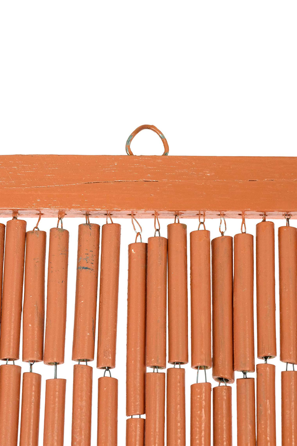 Hand-painted bamboo bead curtain with a bold pink flamingo design, hanging in a doorway