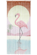 Hand-painted bamboo bead curtain with a bold pink flamingo design, hanging in a doorway