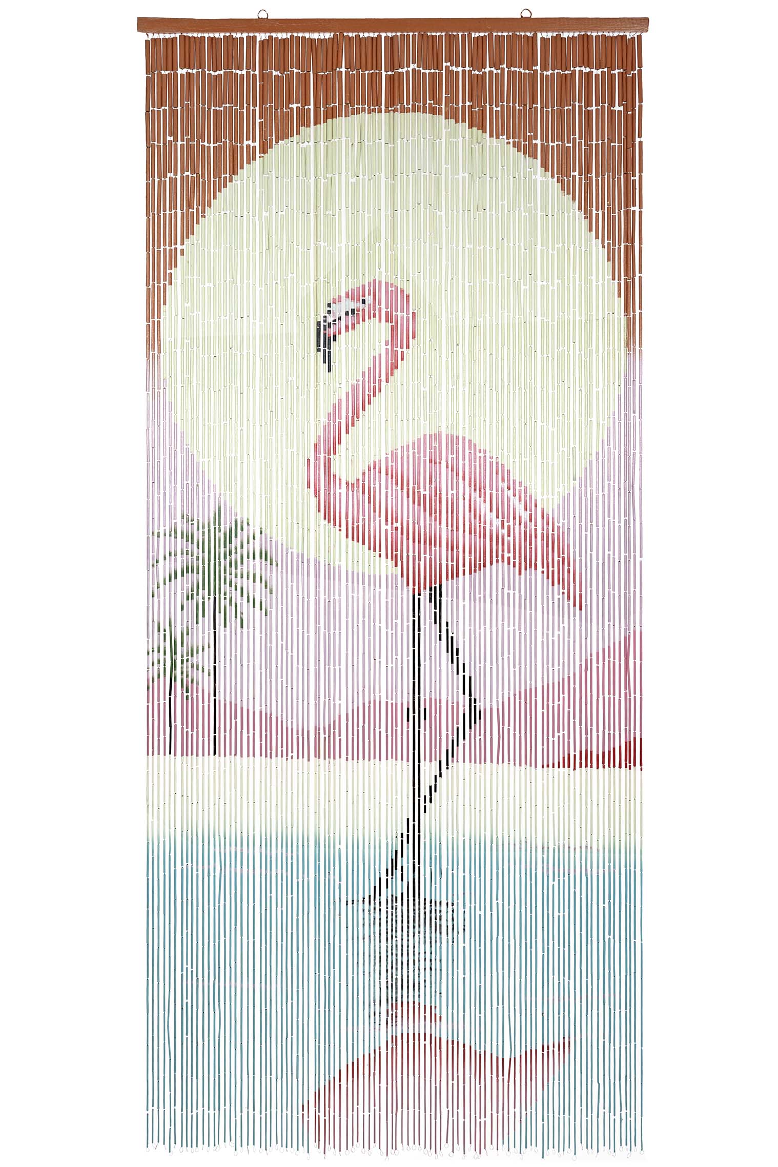 Hand-painted bamboo bead curtain with a bold pink flamingo design, hanging in a doorway