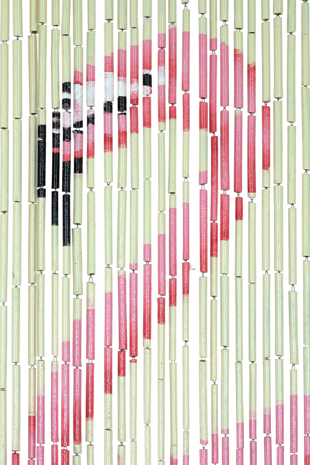 Hand-painted bamboo bead curtain with a bold pink flamingo design, hanging in a doorway
