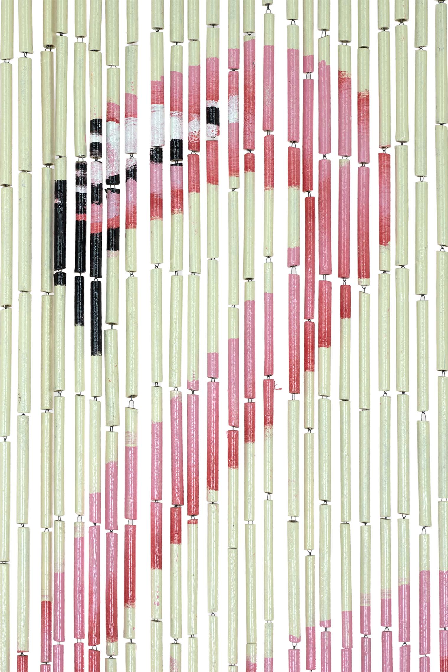 Hand-painted bamboo bead curtain with a bold pink flamingo design, hanging in a doorway