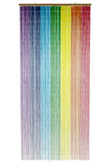 Hand-painted bamboo bead curtain with bright horizontal rainbow stripes, hanging in a doorway