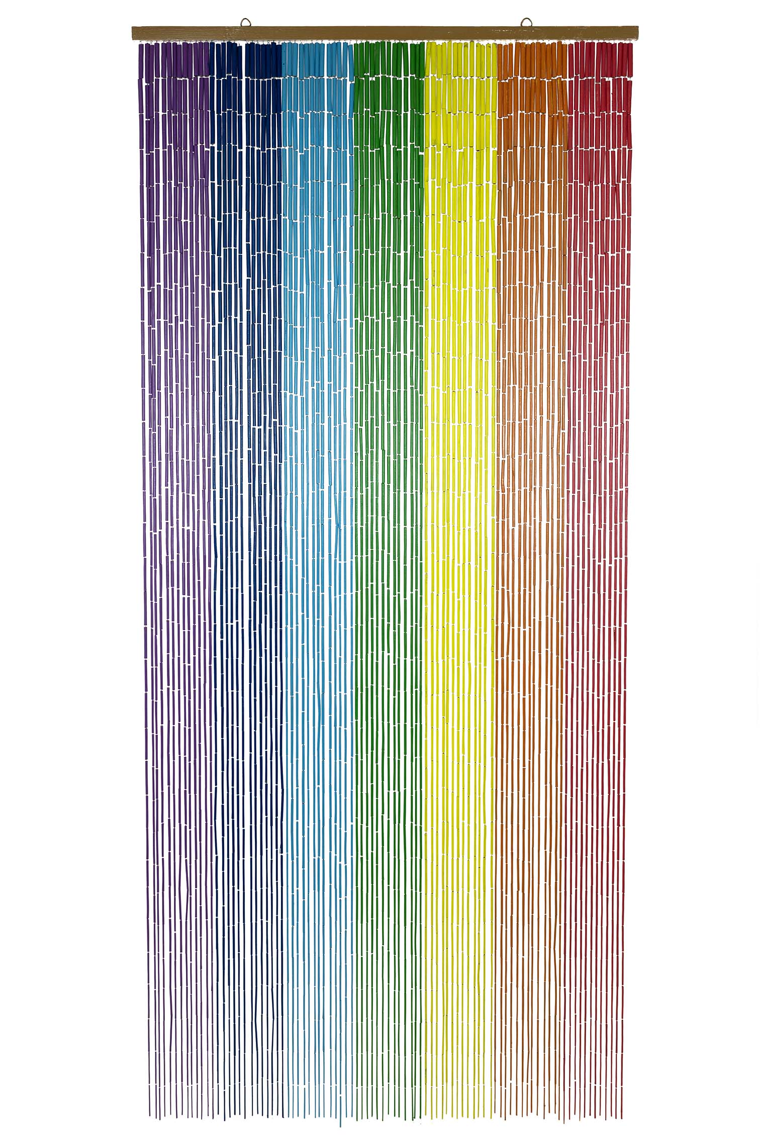 Hand-painted bamboo bead curtain with bright horizontal rainbow stripes, hanging in a doorway