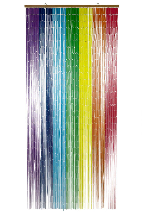 Hand-painted bamboo bead curtain with bright horizontal rainbow stripes, hanging in a doorway