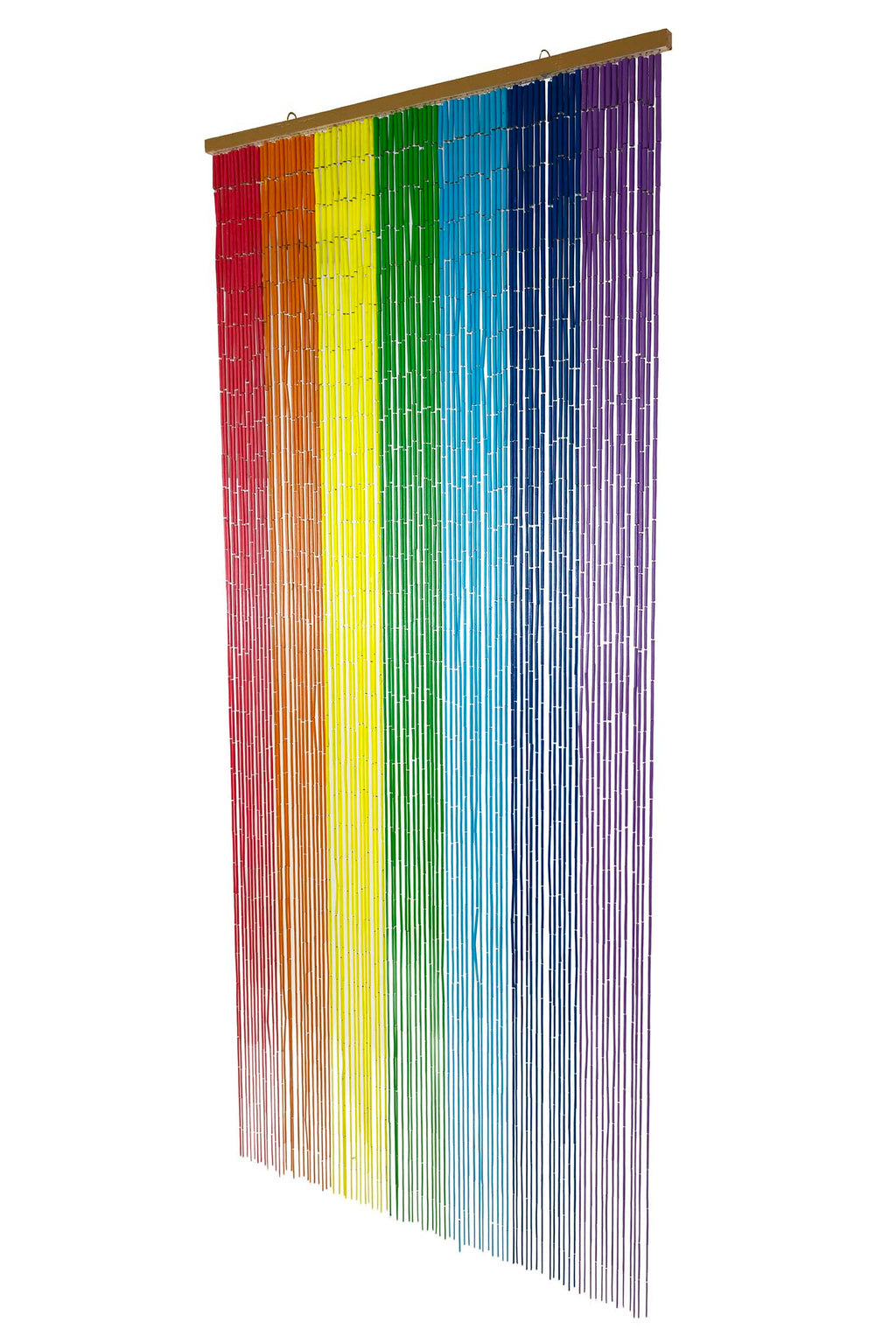 Hand-painted bamboo bead curtain with bright horizontal rainbow stripes, hanging in a doorway