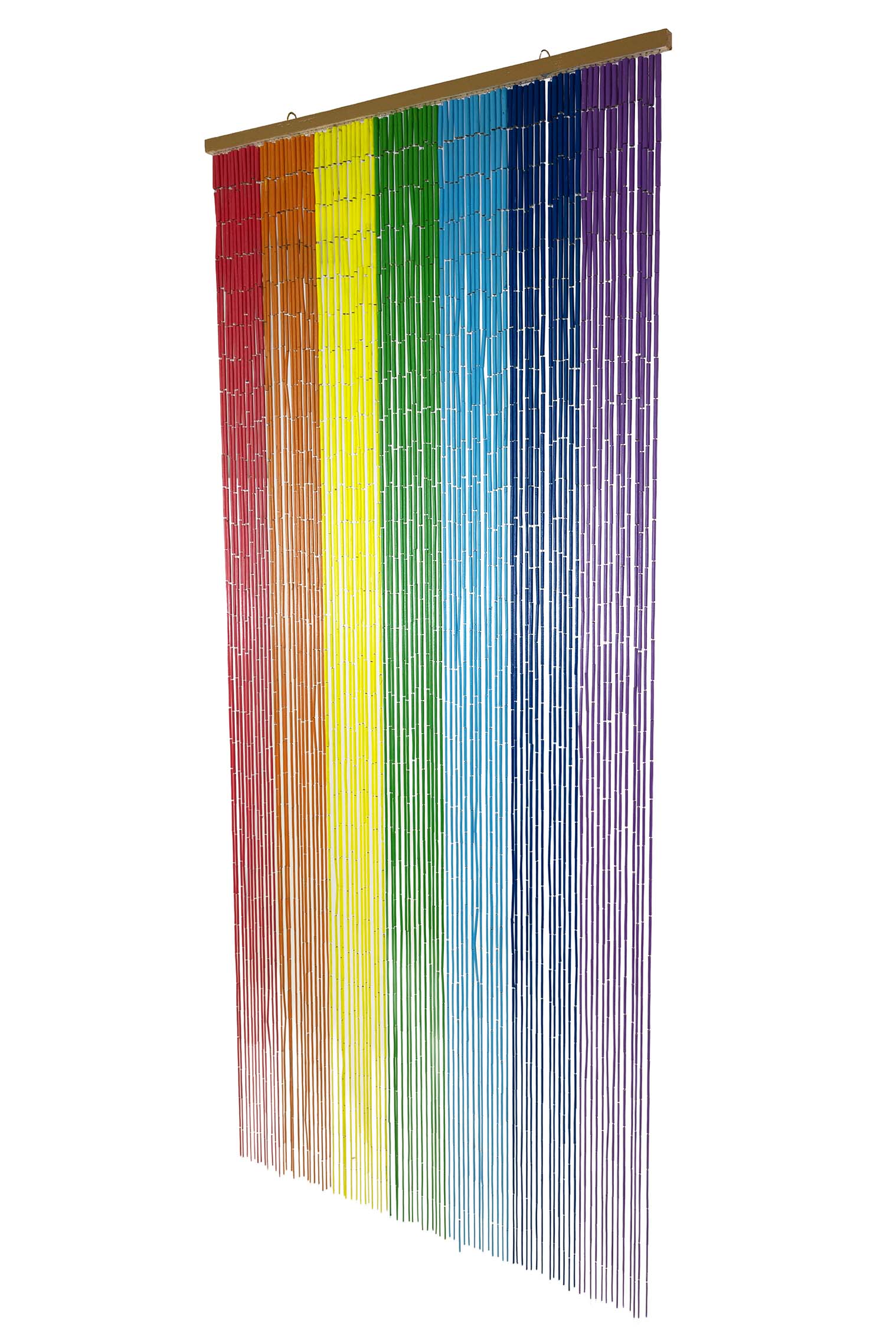 Hand-painted bamboo bead curtain with bright horizontal rainbow stripes, hanging in a doorway
