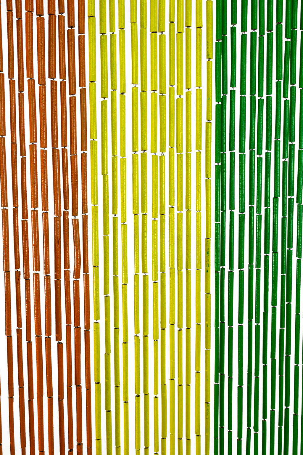 Hand-painted bamboo bead curtain with bright horizontal rainbow stripes, hanging in a doorway