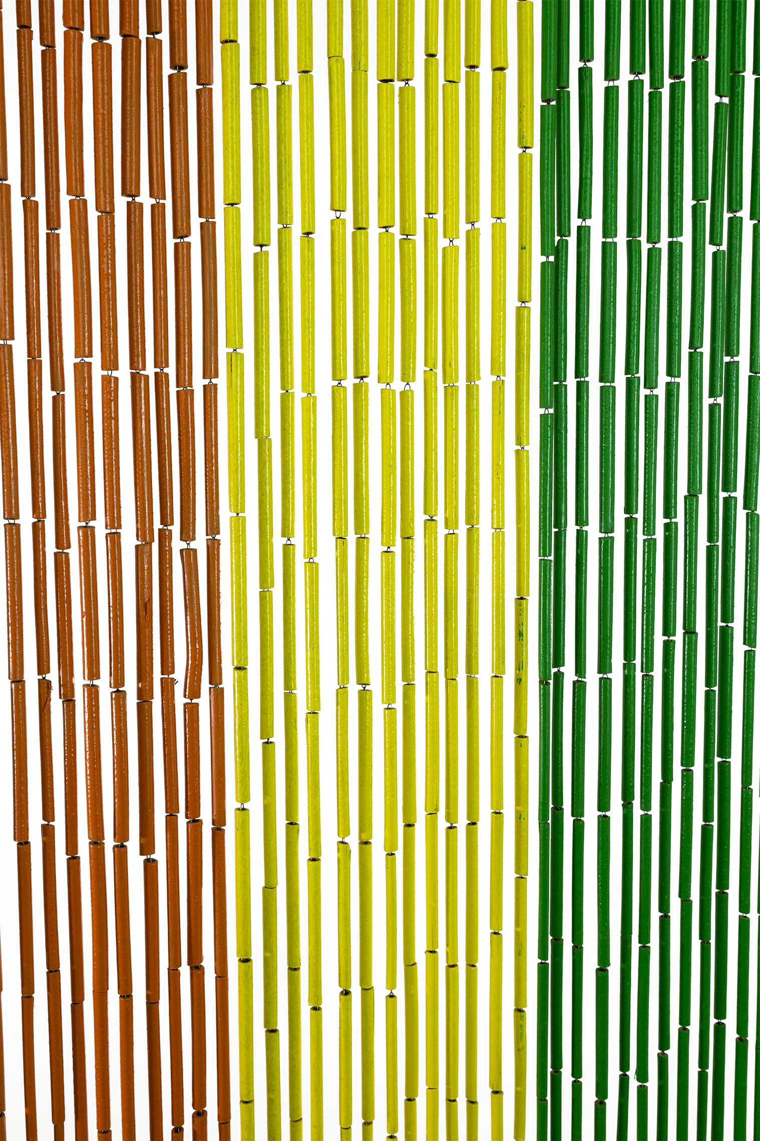 Hand-painted bamboo bead curtain with bright horizontal rainbow stripes, hanging in a doorway