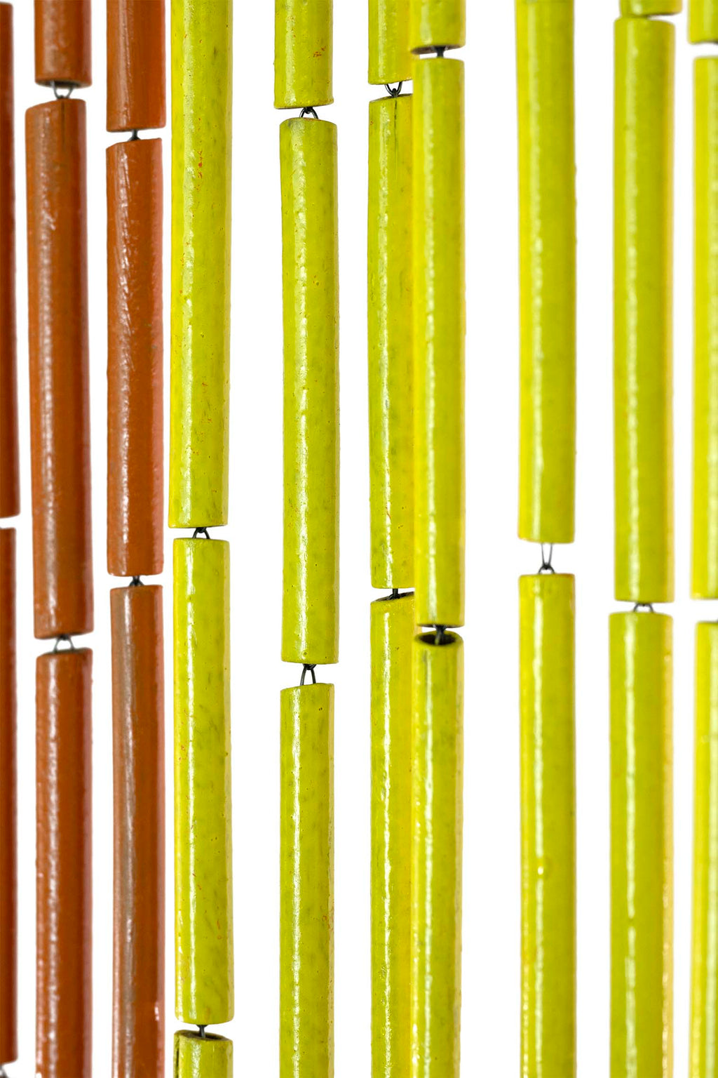 Hand-painted bamboo bead curtain with bright horizontal rainbow stripes, hanging in a doorway