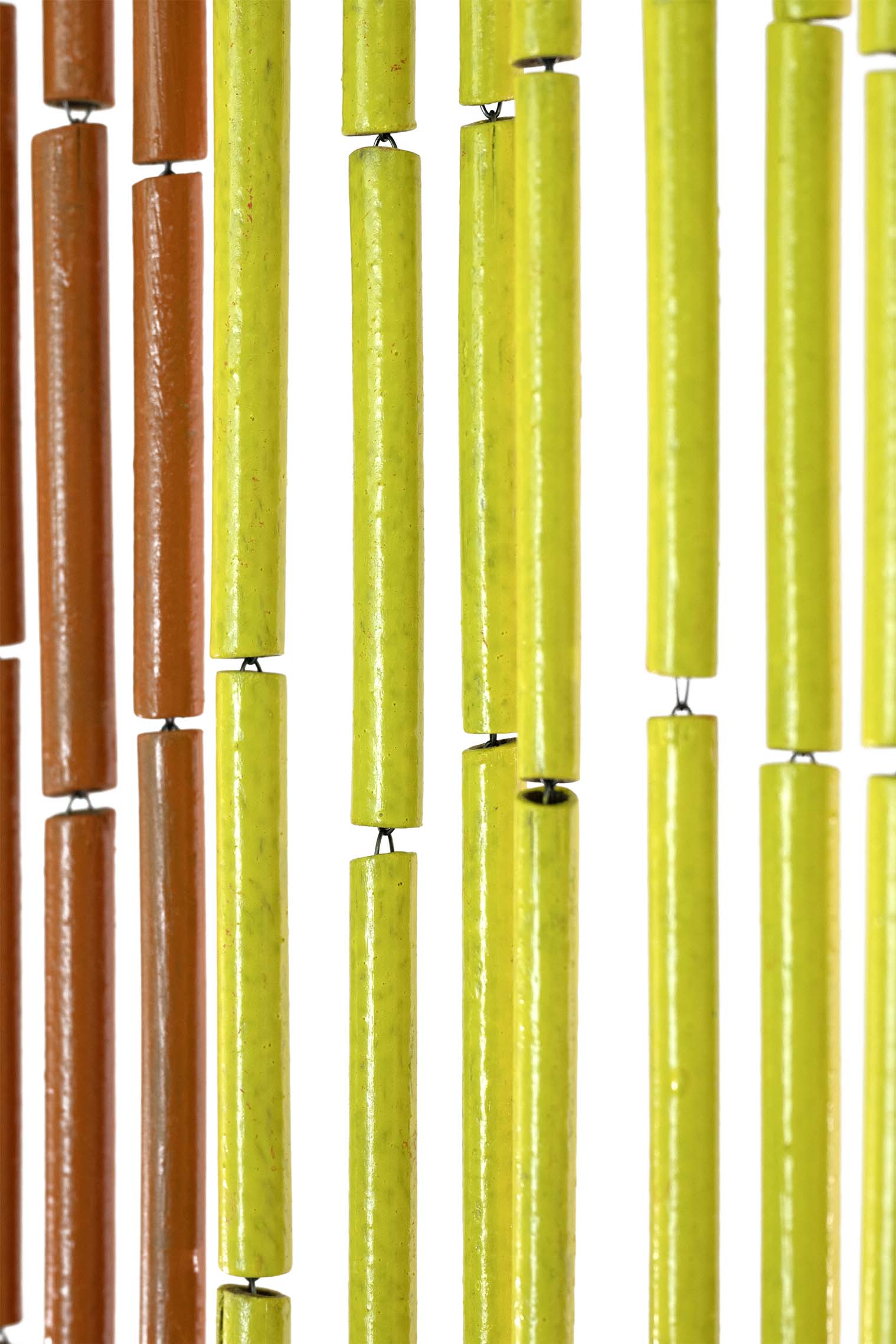 Hand-painted bamboo bead curtain with bright horizontal rainbow stripes, hanging in a doorway