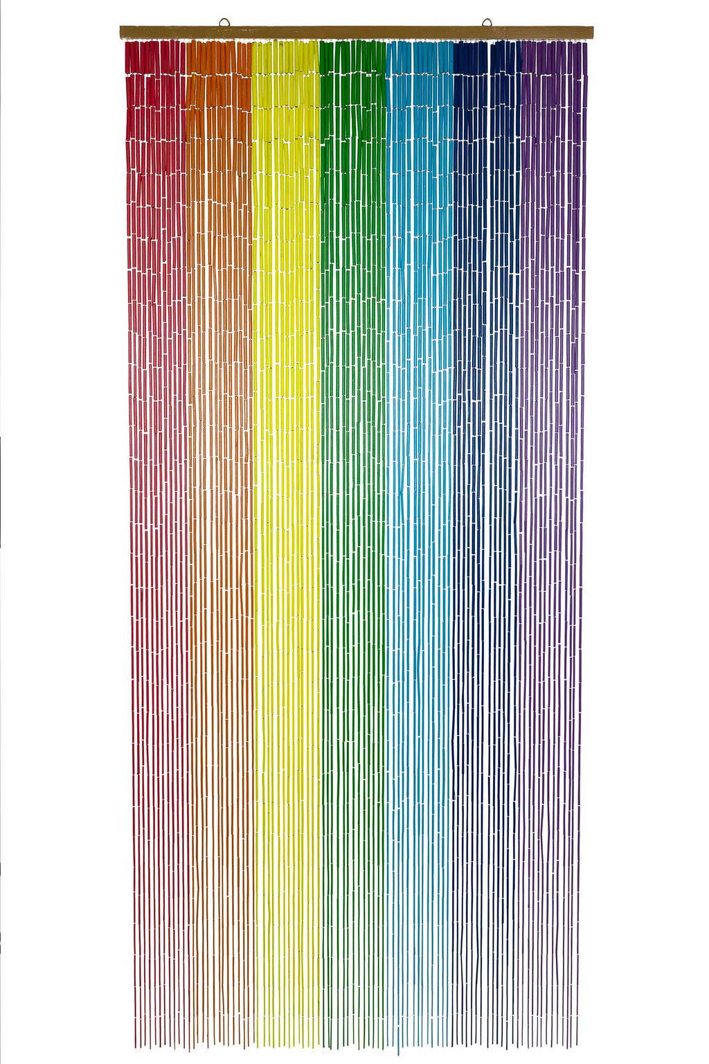 Hand-painted bamboo bead curtain with bright horizontal rainbow stripes, hanging in a doorway