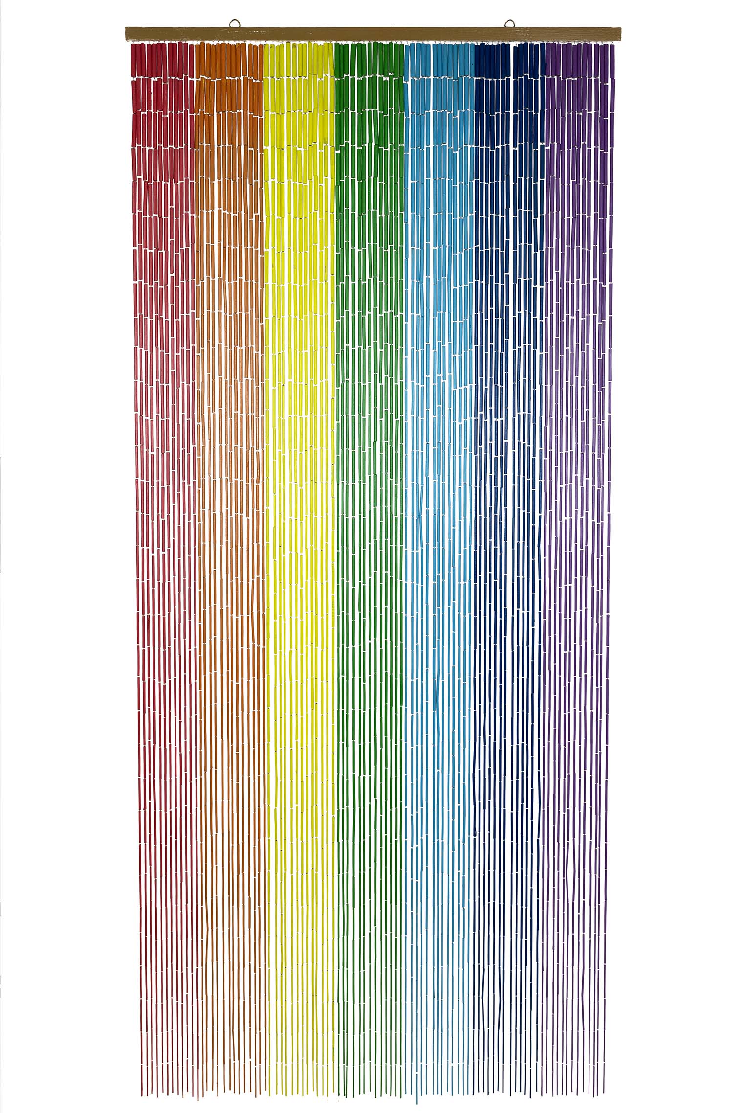 Hand-painted bamboo bead curtain with bright horizontal rainbow stripes, hanging in a doorway