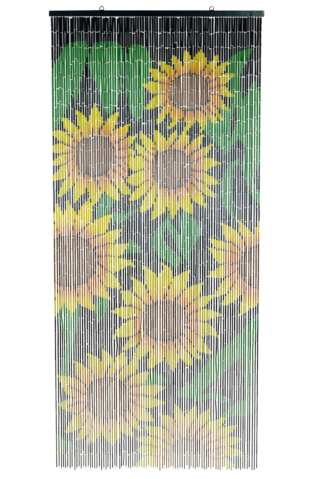 Hand-painted bamboo bead curtain with a bright yellow sunflower design, hanging in a doorway