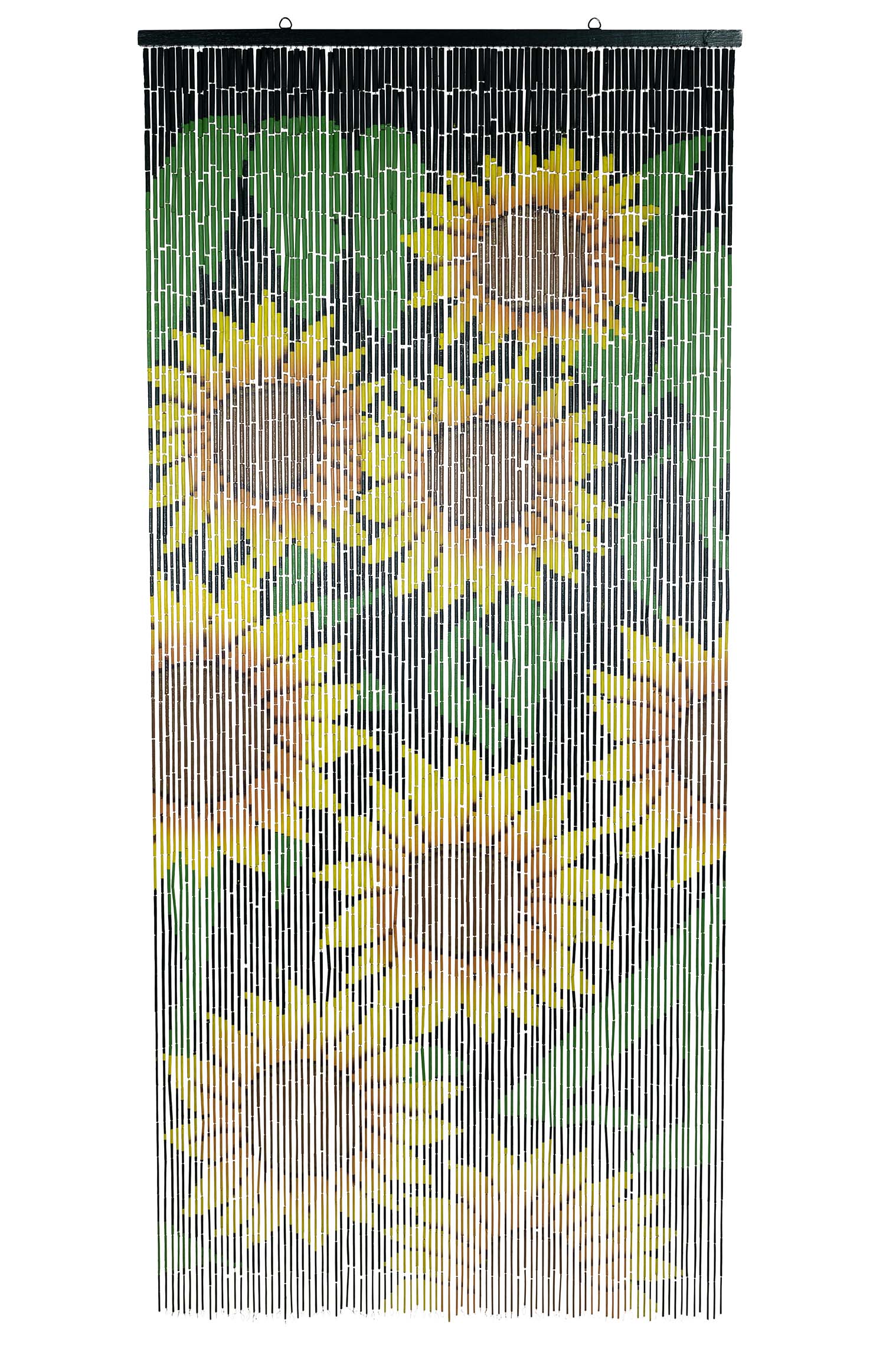Hand-painted bamboo bead curtain with a bright yellow sunflower design, hanging in a doorway